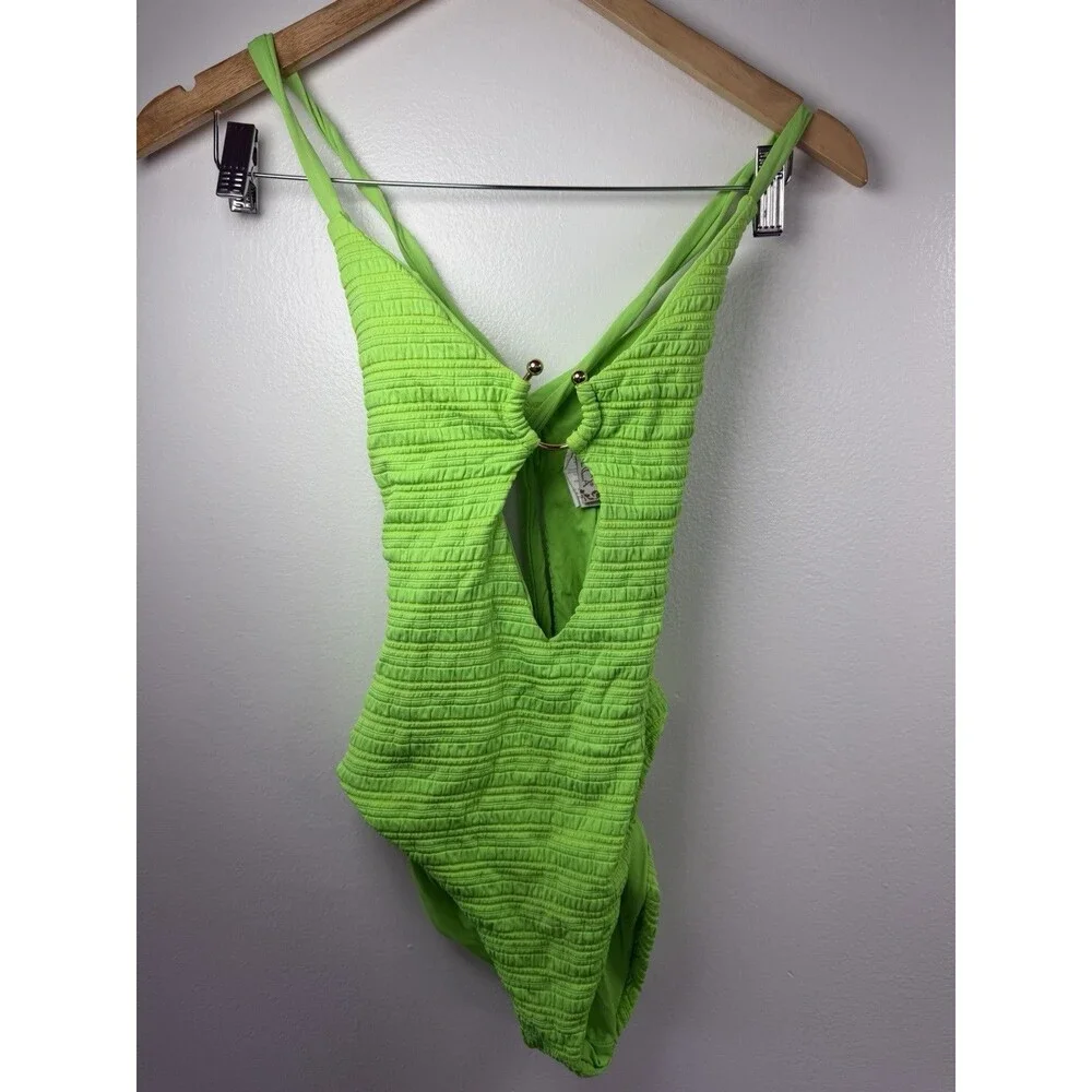 Neon Green Textured One Piece Swimsuit Open Back Ring Detail Criss Cross Size S